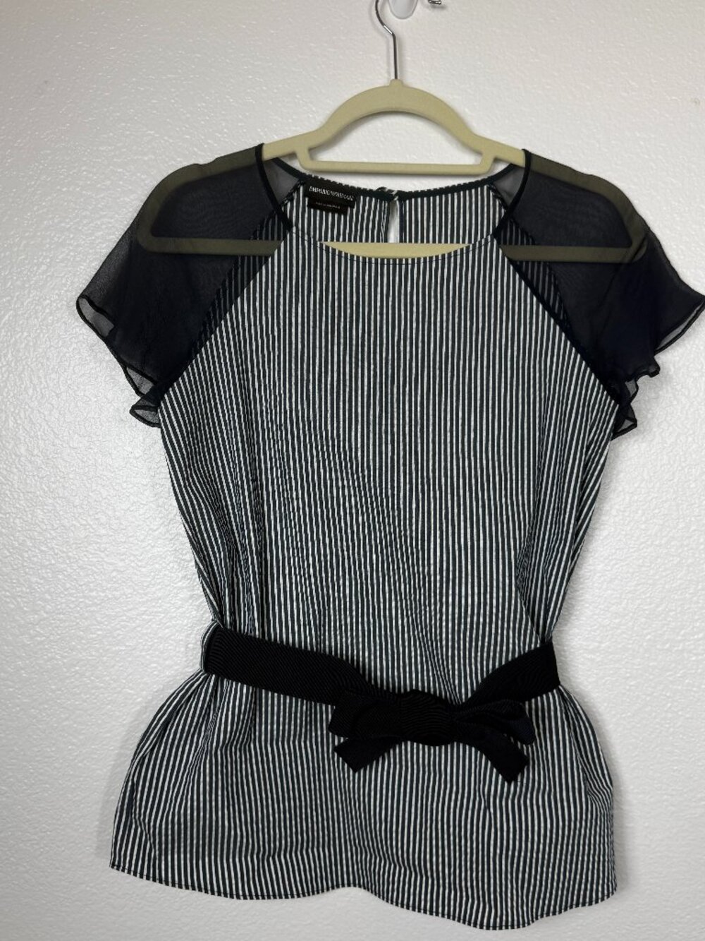 Emporio Armani Striped Navy White Belted Blouse Work Structured Round Neck Sheer